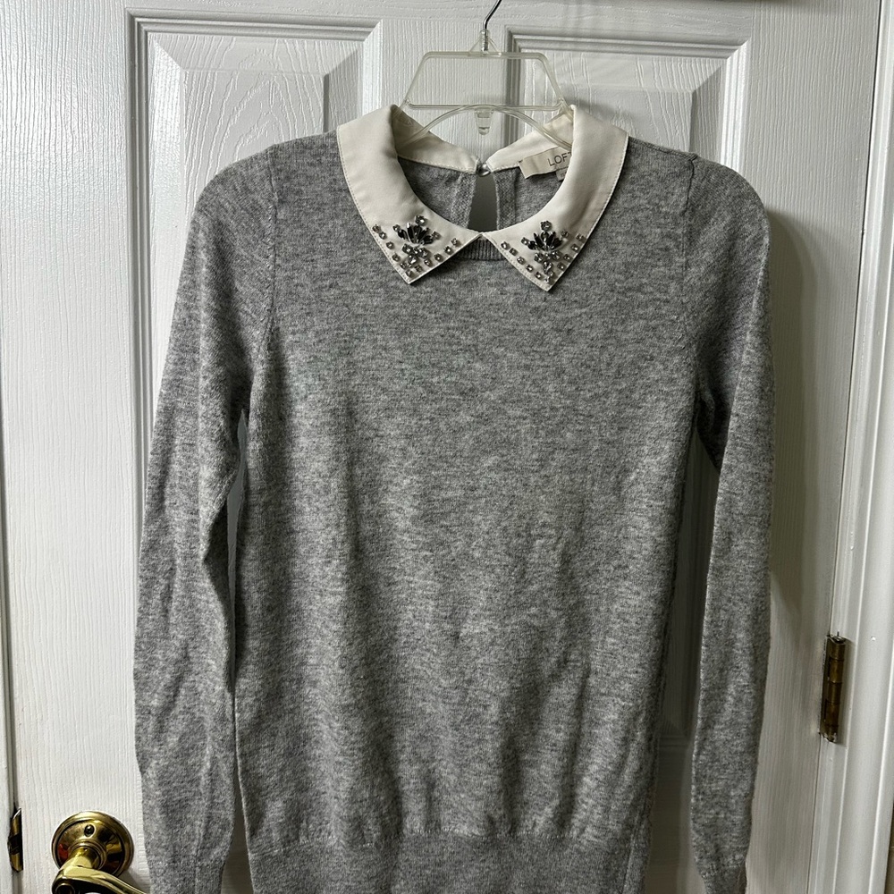 LOFT Gray Sweater with Embellished White Collar